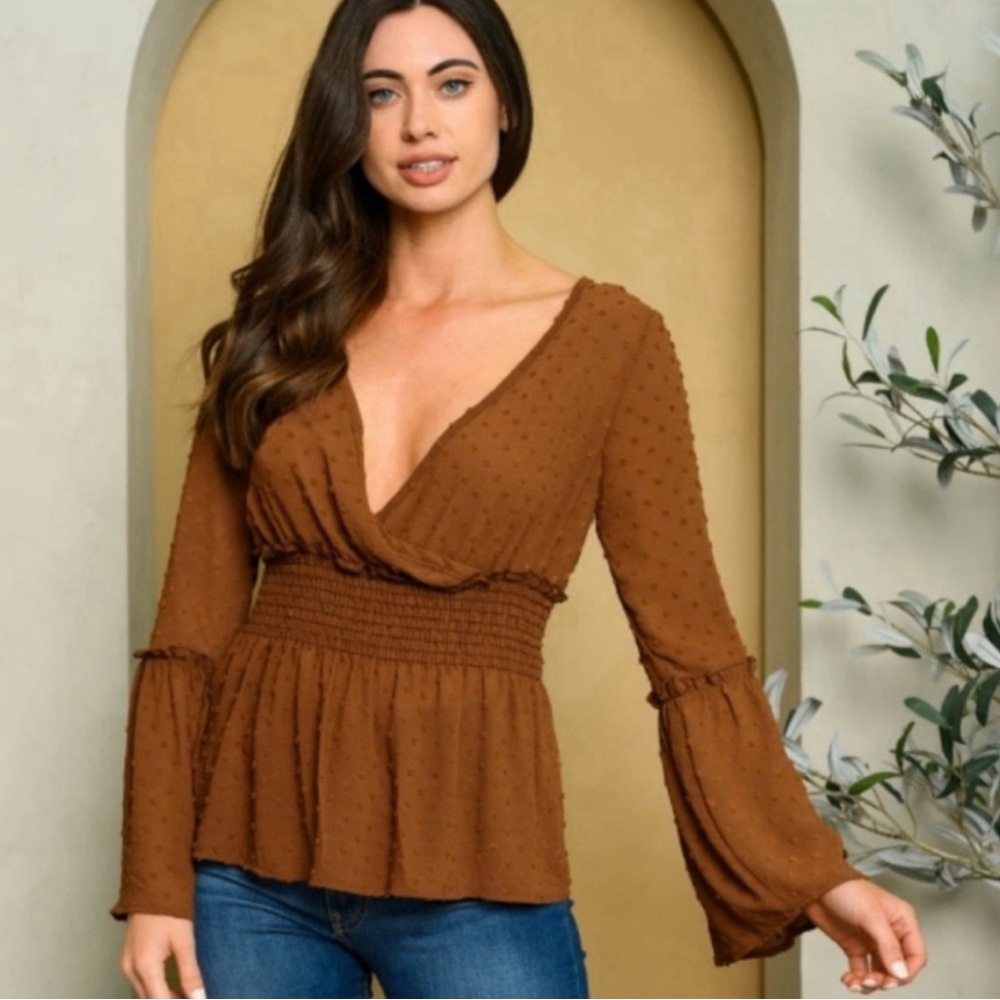 Swiss Dot Peplum Top - Melon - Size Medium